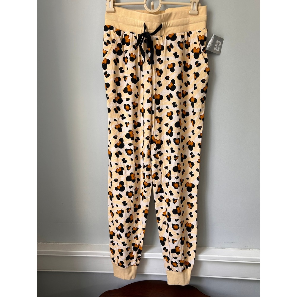 Disney Minnie Mouse Leopard Print Jogger Pajama Pants Yellow XS NWT